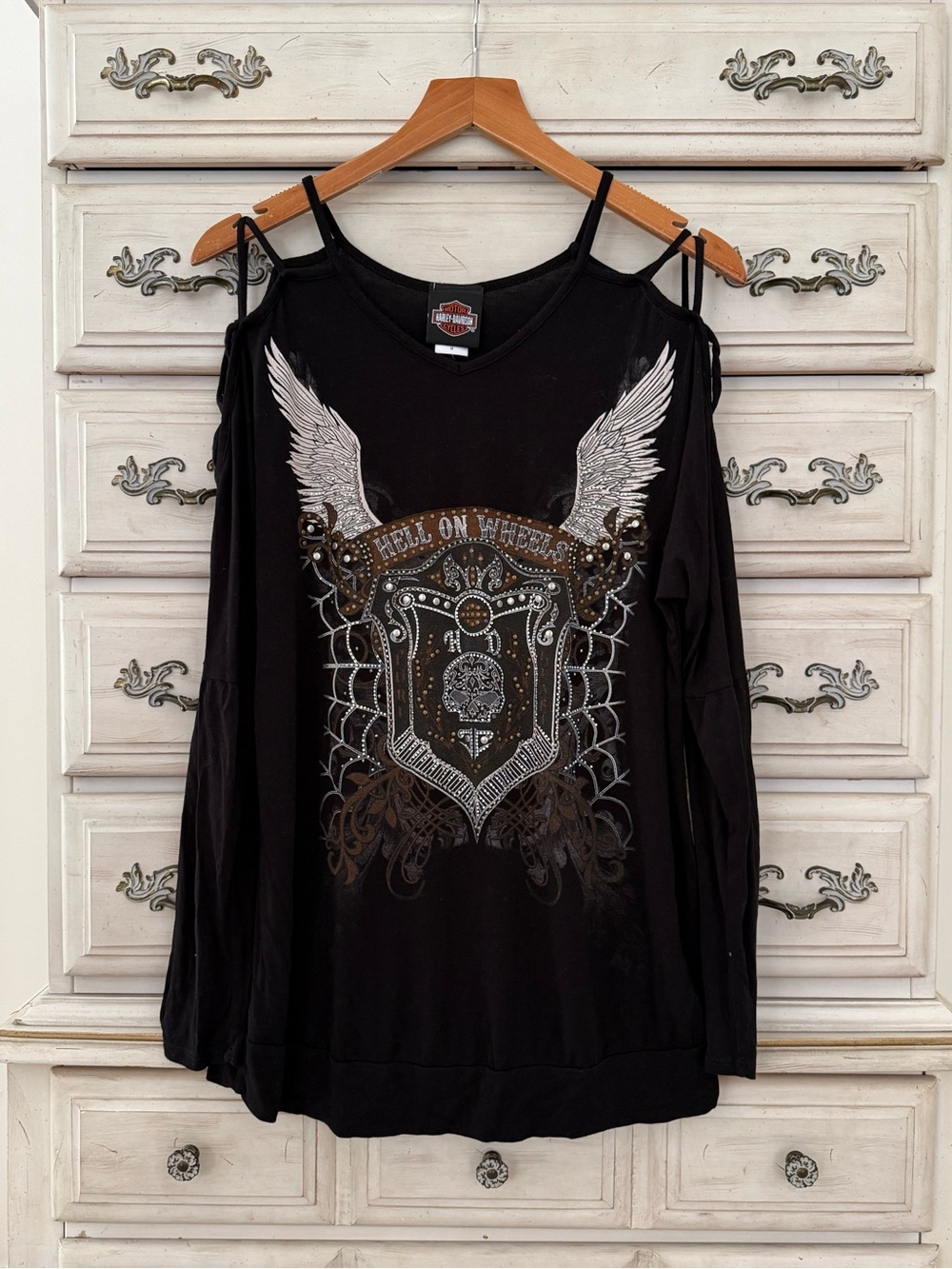 Harley Davidson Black Embellished Rhinestone Top